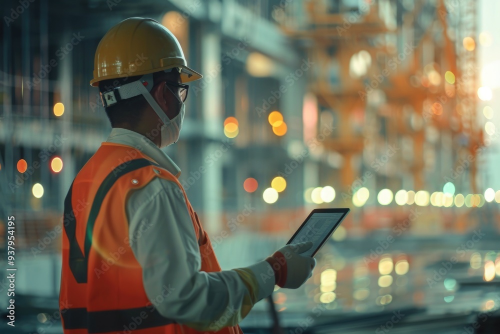 Poster a construction worker using a tablet on site, perfect for images of workers, technology, or building