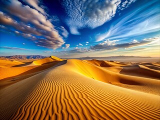 Naklejka premium Endless dunes stretch towards the horizon, golden sand swirling in the breeze, under a vast blue sky, in the world's largest hot desert, Sahara.