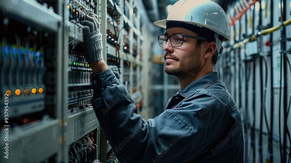 Fototapete A technician in the process of installing a backup power system. Generative AI.