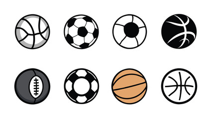 A set of black and white cartoon sports ball icons, including basketball, soccer ball, rugby ball, and football.