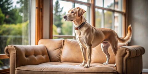 Faithful fawn-colored sporting dog with wagging tail stands on wooden couch, wearing collar, gazing out window with eager expression, exuding loyalty and companionship.