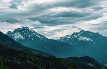 Panoramic view of the mountains in Berchtesgadener Land in Bavaria, Germany.