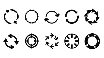 A set of ten black circle arrows in different shapes and styles.