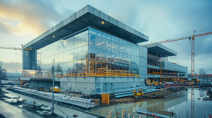 Modern building under construction, concrete and steel structure with large windows, cranes in the background, long panels of the exterior wall are visible, many pipes on ground near walls.