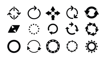 Set of 16 black circular arrow vector elements for design.