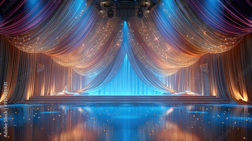 Poster an exquisite auditorium stage decorated with fine fabrics and sparkling diamonds. generative ai.