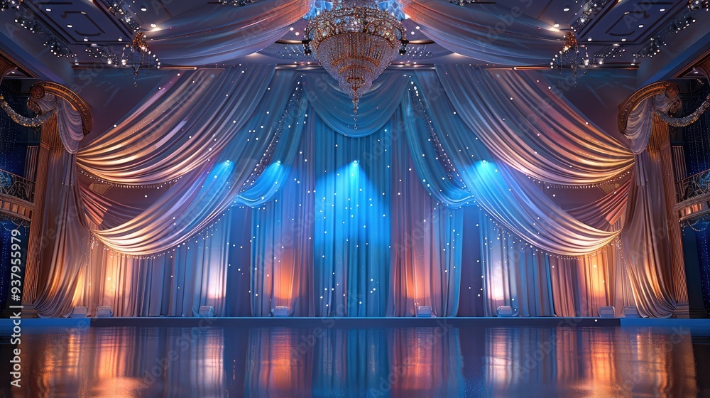 Poster an exquisite auditorium stage decorated with fine fabrics and sparkling diamonds. generative ai.