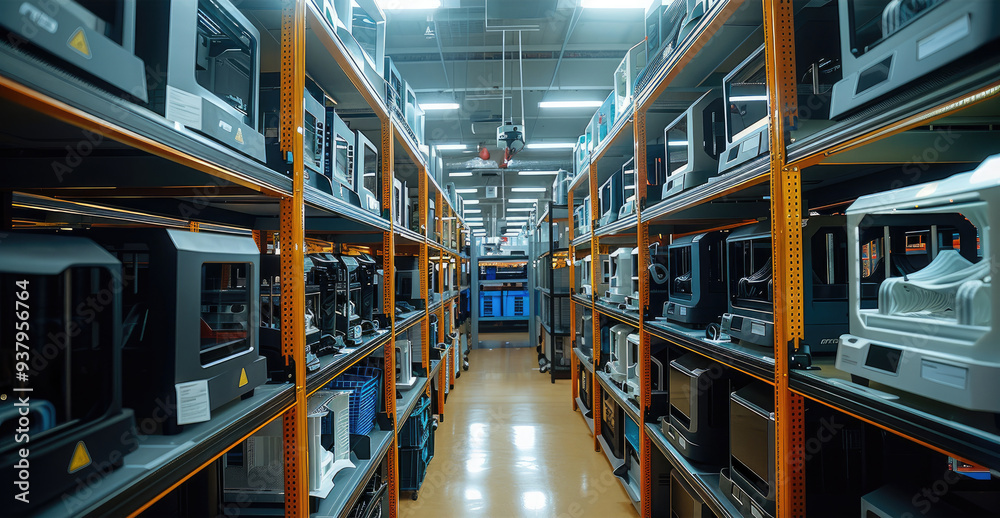 Aufkleber a large room full of 3d printers, neatly organized on several racks. generative ai.