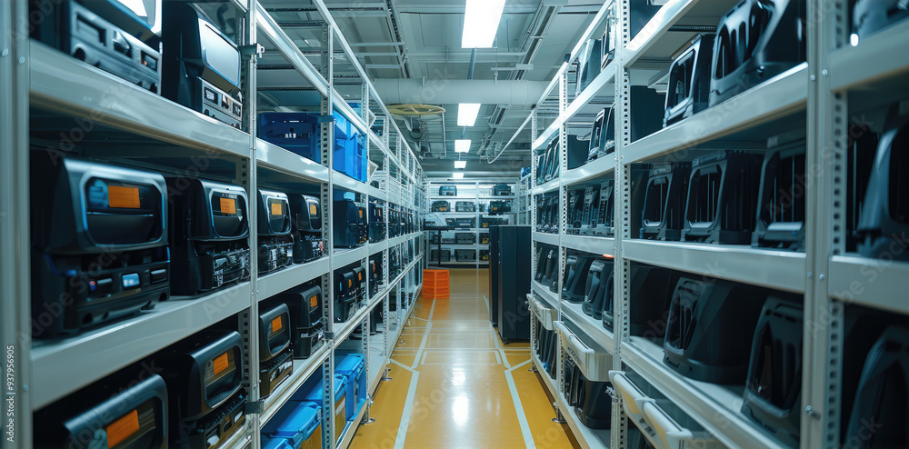 Aufkleber a large room full of 3d printers, neatly organized on several racks. generative ai.