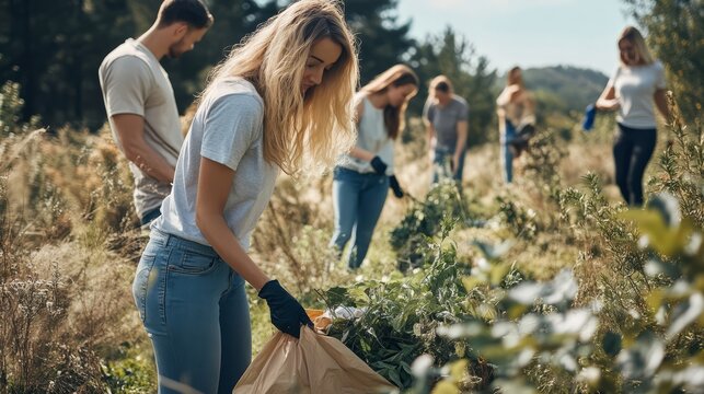 A group of people participating in a community clean-up event, collecting trash in nature