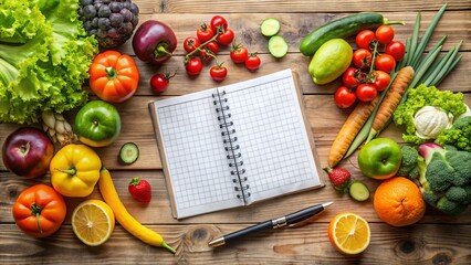 Fresh fruits and vegetables surround a person's daily planner and fitness tracker on a sunny wooden table, symbolizing a balanced and active lifestyle.