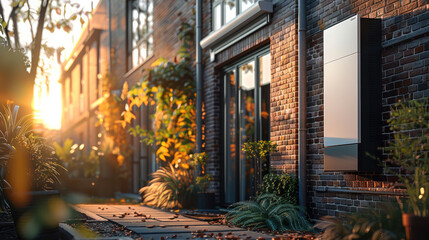A modern home battery, against a brick wall. Generative AI.
