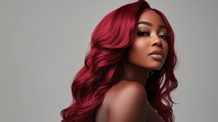 Elegant Black Woman with Long Red Hair in Studio Lighting - Perfect Copy space