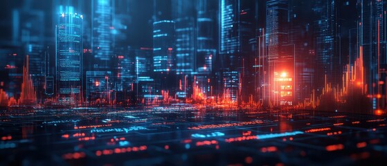 Futuristic cityscape with glowing lights elements, creating a vibrant atmosphere of technology and innovation.