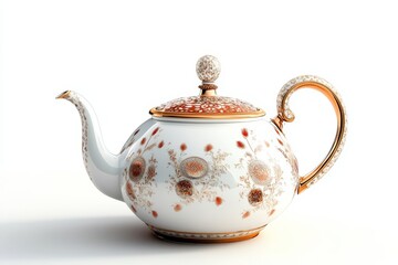 Ornate teapot with intricate golden and bronze swirls on a white background.