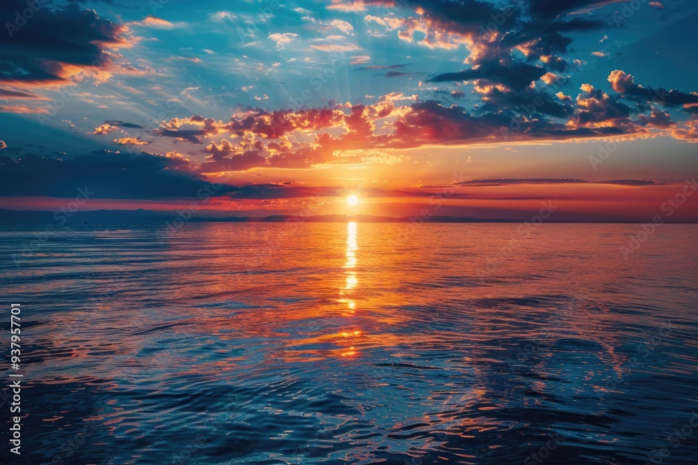 Poster A serene scene of sunset over the ocean on a cloudy day, perfect for use in travel or nature-related contexts
