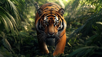 Fototapeta premium A powerful Sumatran tiger stalking through dense, lush jungle greenery, ideal for nature, wildlife conservation campaigns, educational content, and adventure themes,
