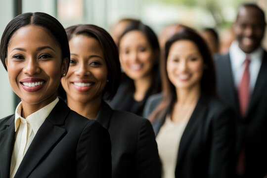 Group of businesswomen and businessmen standing in a line smiling at the camera.