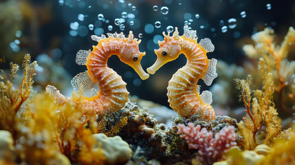 Two seahorses facing each other underwater, surrounded by colorful coral and algae, with bubbles rising to the surface ideal for marine life, romance, and nature-themed presentations,