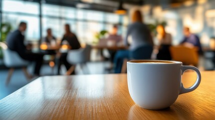 Coffee cup on table in modern workspace during collaborative meeting