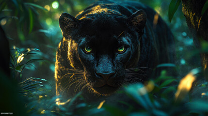 A melanistic panther with striking green eyes stealthily navigates through a lush, dimly-lit jungle, Ideal for wildlife articles, conservation campaigns, and nature-themed websites,