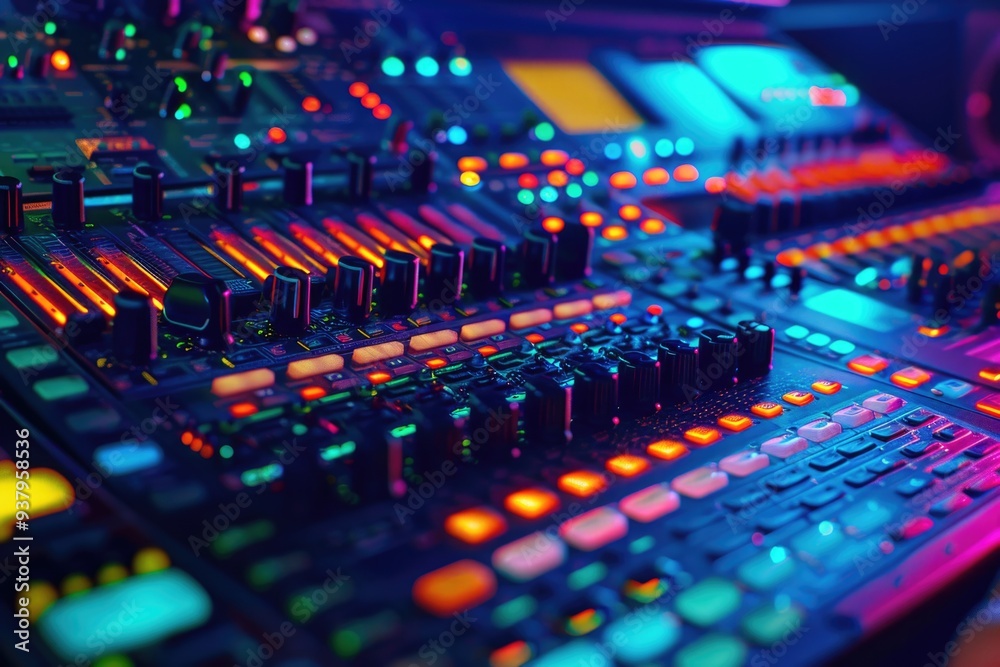 Poster close-up shot of a control panel with vibrant neon lights, great for technology and electronics-rela