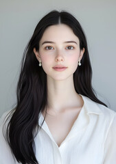 Naklejka premium Portrait of a Beautiful Young Woman with Long Dark Hair Wearing Elegant Earrings and a White Dress