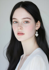 Portrait of a Beautiful Young Woman with Long Dark Hair Wearing Elegant Earrings and a White Dress