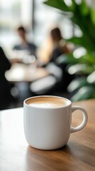 Fototapeta premium Warm cup of coffee rests on table during afternoon gathering at café