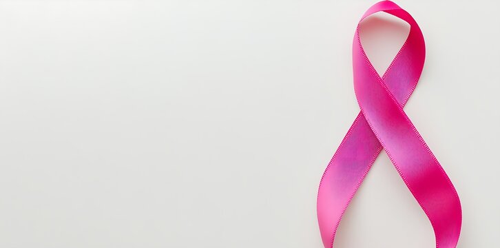 Pink ribbon for breast cancer awareness isolated on white background, minimalist design, copy space.