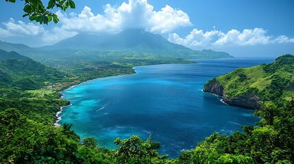 A picturesque bay on a tropical island, with clear blue water, lush greenery, and a mountain in the distance.