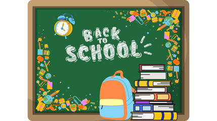 A chalkboard with school supplies, globe, and books, featuring "Back to School" text.