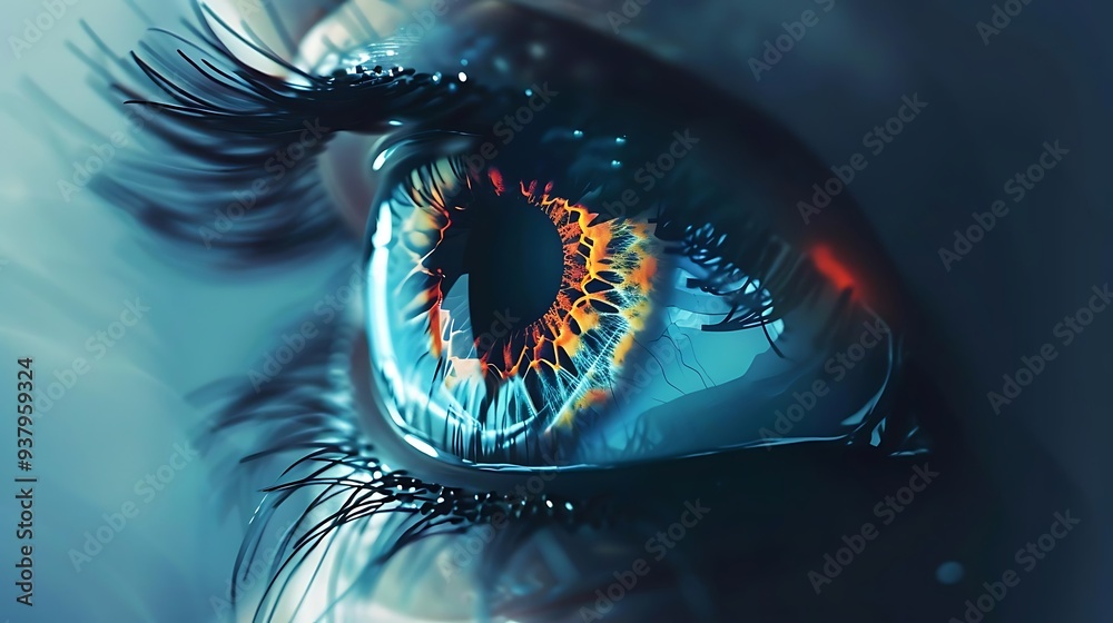 Poster A close-up of a vibrant eye with intricate patterns and colors, showcasing artistic detail and depth.