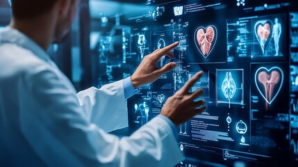 Doctor using virtual touch screen, medical icons, blue background, hyper-realistic, panoramic view.