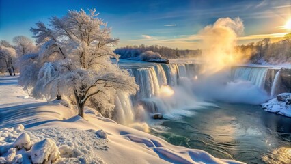 Frozen mist envelops majestic Niagara Falls, snow-covered trees and icy landscapes shimmering in the pale winter sunlight, beneath a frosty blue sky.