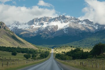 Wide open road leading to snow-capped mountains under a blue sky