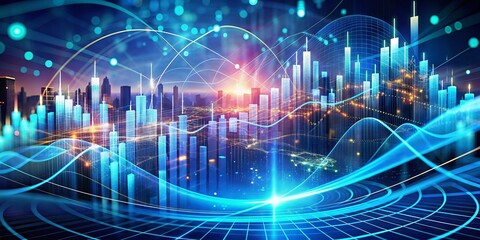 Obraz premium Futuristic digital landscape with swirling data streams, charts, and graphs, representing advanced business analytics, financial research, and intelligent decision-making for market success.