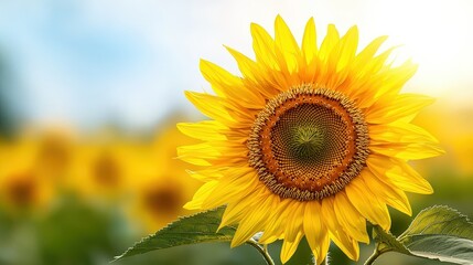 Fototapeta premium Light illuminating a field of sunflowers under a bright blue sky