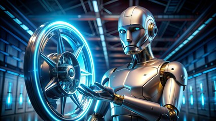 Futuristic silver robot with glowing blue eyes grasping a sleek metallic wheel, set against a darkened industrial background with neon lights reflecting off its surface.