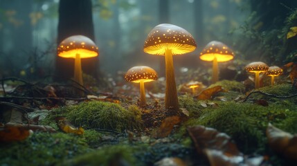 Fototapeta premium Glowing mushrooms in a misty forest, creating a mystical atmosphere.