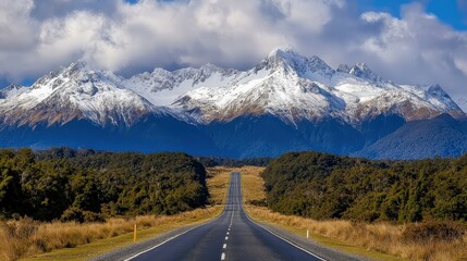 Fototapeta premium Scenic mountain landscape along a winding road under blue sky