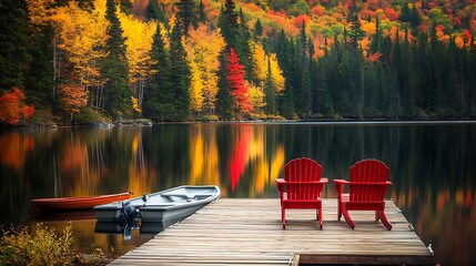 Two red chairs on wooden dock in autumn forest, lake view, Canadian landscape, beautiful scenery.