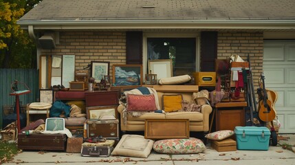 A cluttered porch with a couch, various boxes, a guitar, and an old television, surrounded by fallen leaves.