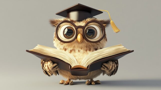 A 3D cartoon owl with large glasses perched on its beak, holding an open book with its wings. The owl appears wise and studious, wearing a little graduation cap on its head.