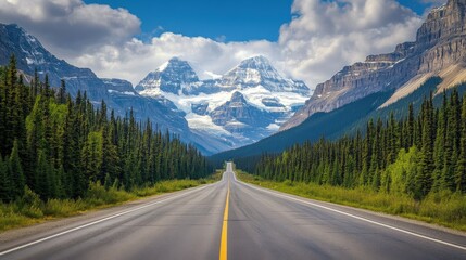 Naklejka premium Scenic road through mountains and forests during a sunny day