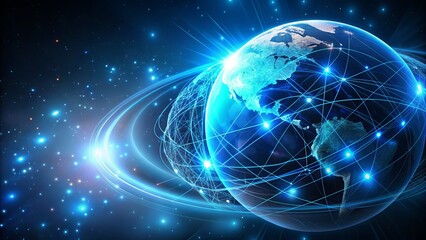 Obraz premium Glowing blue globe with futuristic, swirling vectors and neon lines, symbolizing technology, innovation, and digital connection, on a dark starry night sky background.
