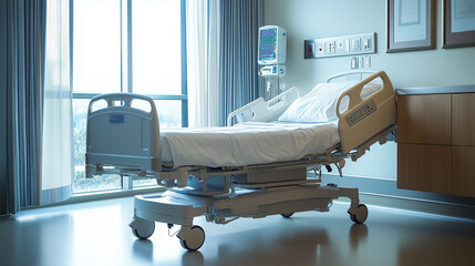 Empty hospital bed standing in a private room next to a window, bathed in natural light and waiting for the next patient