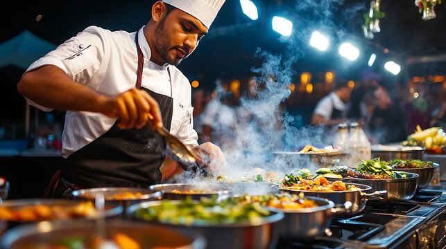 A chef demonstrating how to prepare vegetarian dishes on stage during a festival cooking show