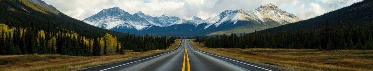 Naklejka premium Scenic mountain highway with snow-capped peaks and fall foliage