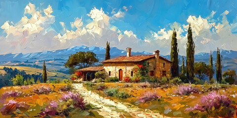Naklejka premium Tuscany summer landscape beautiful and moody oil painting on canvas, countryside flowers and meadows.